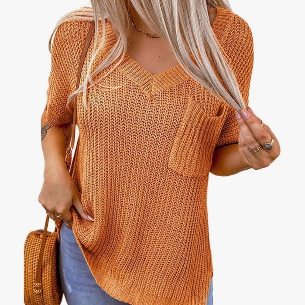 Dokotoo Orange Knit V-Neck Sweater XL